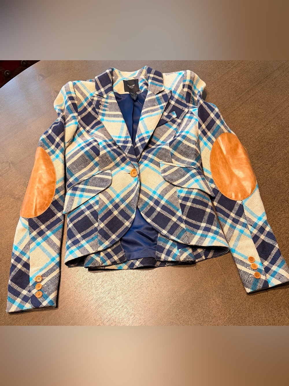 Smythe Linen Plaid Blazer Blue Grey Turquoise Leather Elbow Patches 6